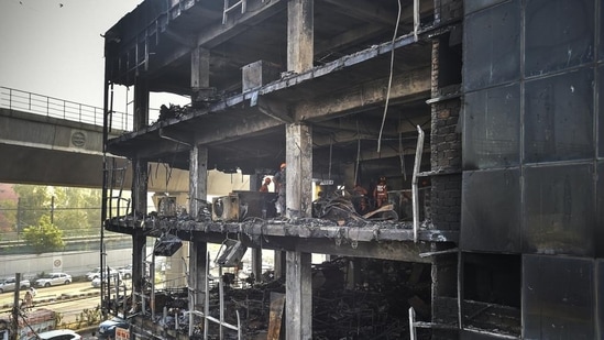 The charred building in Mundka, Delhi where a fire broke out on May 13 and killed 27 people and injured 16 others. (Raj K Raj/HT)