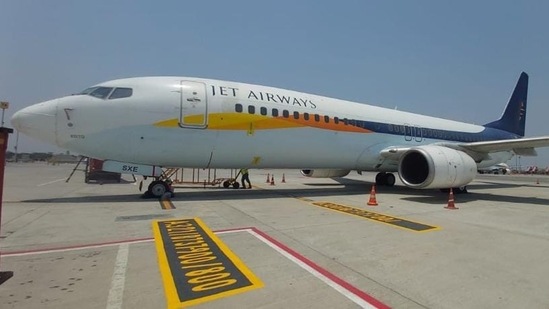 Jet Airways Boeing 737 aircraft, VT-SXE, at Hyderabad for test flight on Thursday.(Twitter/@TheSanjivKapoor)