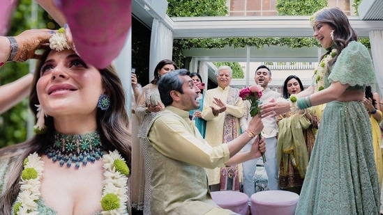 Kanika Kapoor and Gautam during the mehendi ceremony.&nbsp;