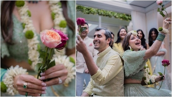 Kanika accessorised her Mehendi look with an emerald choker necklace and beads, matching oval-shaped earrings, statement diamond rings, and mint green bangles. A pair of matching stilettos rounded off the attire.(Instagram)