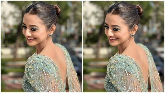 Helly Shah played muse to fashion designer Ziad Nakad and picked a gown to make her debut.(Instagram/@hellyshahofficial)