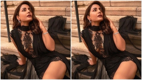 Hina opted for a minimal makeup look to complement her attire. In nude eyeshadow, mascara-laden eyelashes, drawn eyebrows, contoured cheeks and a shade of maroon lipstick, the actor looked ever-stunning.(Instagram/@realhinakhan)