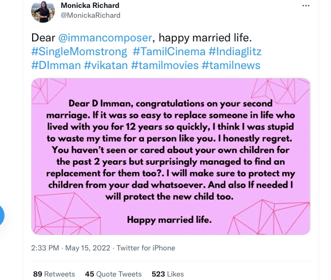 D Imman’s former wife, Monicka Richard, reportedly tweeted about his second marriage. &nbsp;