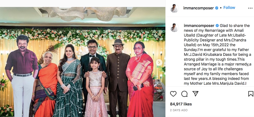 D. Imman got married to&nbsp;Amelia in Chennai.