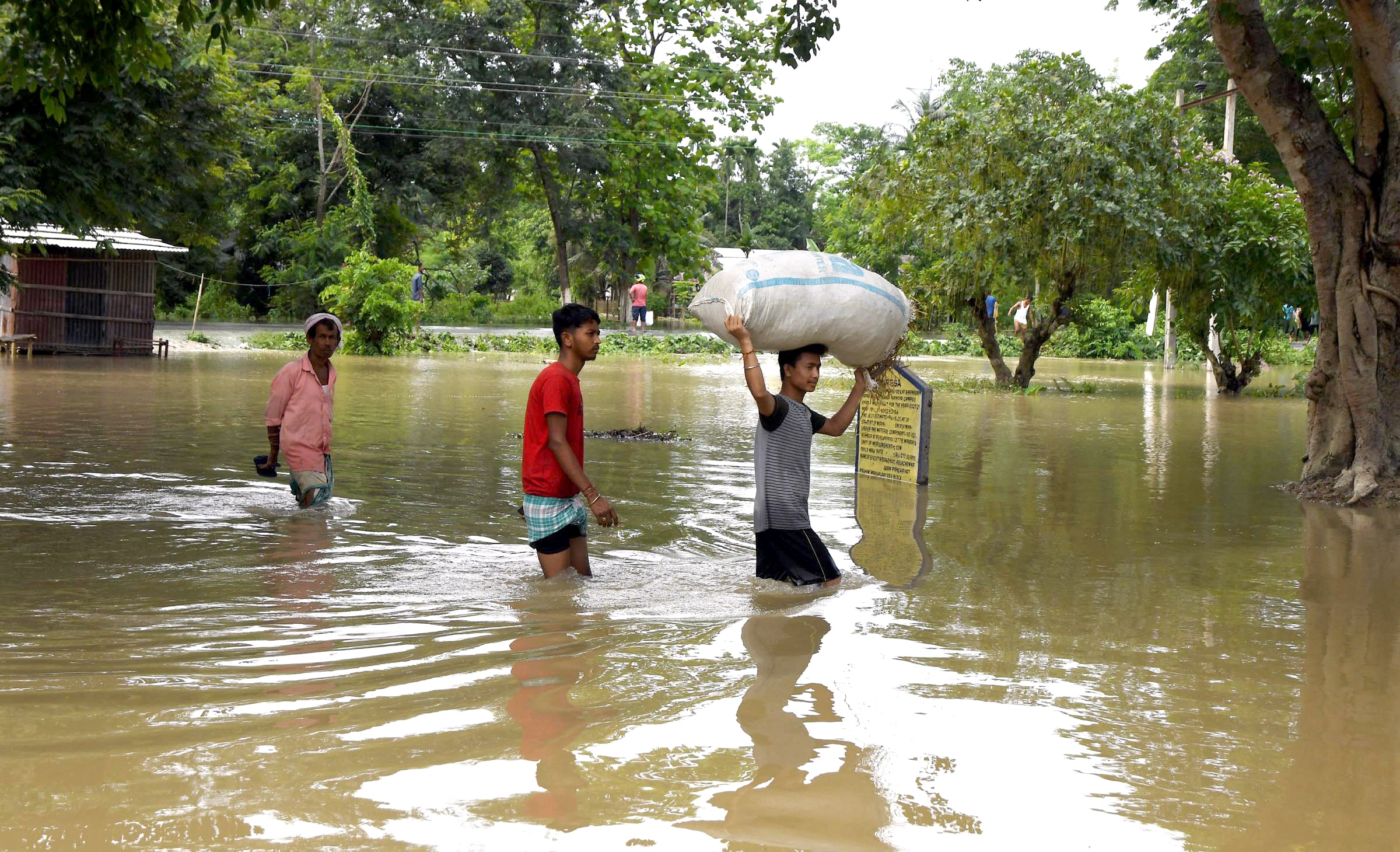 Villagers wade through a waterlogged area following heavy rainfall in Assam's Darrang district. (ANI Photo) Villagers wade through a waterlogged area following heavy rainfall in Assam's Darrang district. (ANI Photo)