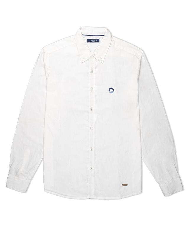 This white breathable cotton shirt has blue piping on the neckline and a twill tape running inside the placket to give you a dressier look. This white breathable cotton shirt has blue piping on the neckline and a twill tape running inside the placket to give you a dressier look.