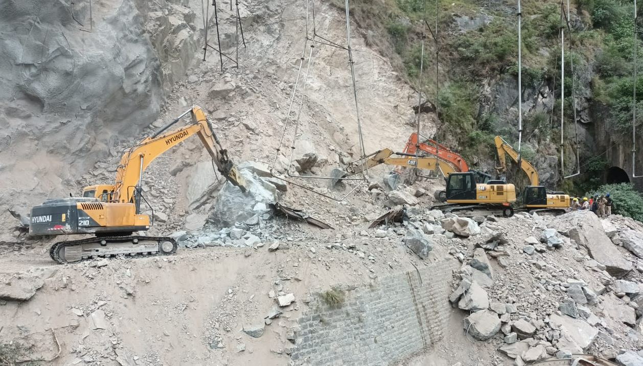 The rescue operation is still underway at the site where a portion of an under-construction tunnel collapsed in Jammu and Kashmir's Ramban district. (Photo by Waseem Andrabi/Hindustan Times)
