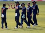 Indian team celebrates after dismissing Sri Lanka's Bhanuka Rajapaksa(REUTERS)