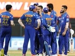 Players of Mumbai Indians during the Indian Premier League 2022(IPL Twitter)