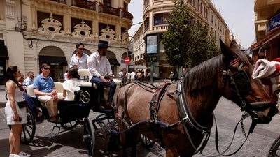 A coachman and tourists wait on a horse-drawn carriage next to a thermometer marking 39 degrees Celsius (102.2 degrees Fahrenheit) during an episode of exceptionally high temperatures for the time of year in Cordoba, Spain, May 21, 2022. &nbsp; (REUTERS/Jon Nazca)
