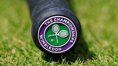 General view of the Wimbledon logo on the base of the handle of a tennis racquet (REUTERS)