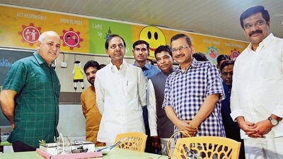 (From left) Delhi deputy chief minister Manish Sisodia, Telangana CM K Chandrashekar Rao and his Delhi counterpart Arvind Kejriwal at a government school in South Moti Bagh. ANI (From left) Delhi deputy chief minister Manish Sisodia, Telangana CM K Chandrashekar Rao and his Delhi counterpart Arvind Kejriwal at a government school in South Moti Bagh. ANI