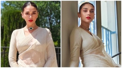 Aditi Rao Hydari brings Indian simplicity and tradition to Cannes film Festival 2022 in ivory Sabyasachi drape (Instagram) Aditi Rao Hydari brings Indian simplicity and tradition to Cannes film Festival 2022 in ivory Sabyasachi drape (Instagram)