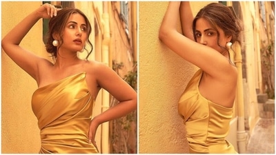 Hina Khan is the golden girl of our dreams in a strapless thigh-slit gown for Cannes Film Festival 2022 (Instagram) Hina Khan is the golden girl of our dreams in a strapless thigh-slit gown for Cannes Film Festival 2022 (Instagram)