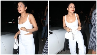 To accessorise her partywear, Shehnaaz chose minimal jewellery. The actor went for a dainty gold choker chain and patterned half hoop gold earrings. (HT Photo/Varinder Chawla) To accessorise her partywear, Shehnaaz chose minimal jewellery. The actor went for a dainty gold choker chain and patterned half hoop gold earrings. (HT Photo/Varinder Chawla)