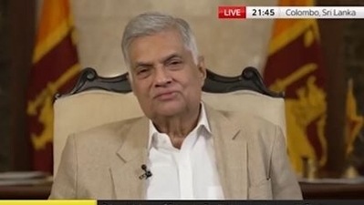 Screenshot from Sri Lanka Prime Minister Ranil Wickremesinghe's interview with Sky News.&nbsp;