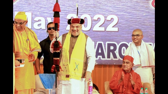 Amit Shah at the golden jubilee celebrations of Ramakrishna Mission School in Arunachal Pradesh’s Tirap district. (PTI)