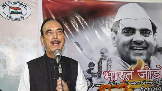 Congress leader Ghulam Nabi Azad addresses party workers at a programme to pay tribute to former Prime Minister Rajiv Gandhi on his death anniversary, in Jammu on Saturday. (PTI)