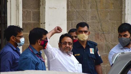 Mumbai, India - March 07, 2022: NCP leader and Maharashtra Minister Nawab Malik being taken to the Sessions Court from ED Office, in Mumbai, India, on Monday, March 07, 2022. (Photo by Bhushan Koyande/ HT Photo) (HT PHOTO)