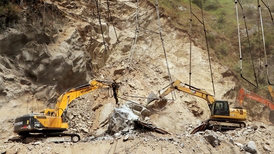 Search and rescue operations in progress in the aftermath of the collapse of an under-construction tunnel on the Jammu-Srinagar national highway near Khooni Nallah, in Ramban.(Imran Nissar)
