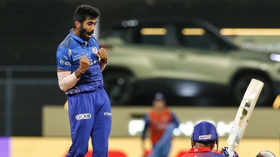 Mumbai Indians Jasprit Bumrah celebrates the dismissal of Delhi Capitals Prithvi Shaw during the Indian Premier League 2022(Mumbai Indians Twiiter)
