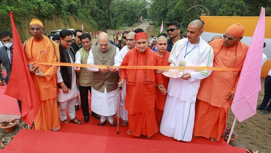 Union home minister Amit Shah at the unveiling of a statue of Swami Vivekananda during Golden Jubilee celebrations of Ramakrishna Mission School at Narottam Nagar in Tirap district of Arunachal Pradesh. (PTI) Union home minister Amit Shah at the unveiling of a statue of Swami Vivekananda during Golden Jubilee celebrations of Ramakrishna Mission School at Narottam Nagar in Tirap district of Arunachal Pradesh. (PTI)