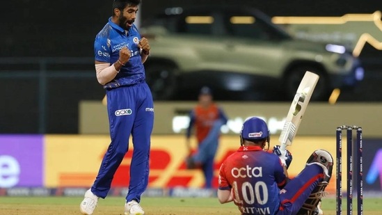 Shaw was down on the ground as Bumrah celebrated. (BCCI) Shaw was down on the ground as Bumrah celebrated. (BCCI)