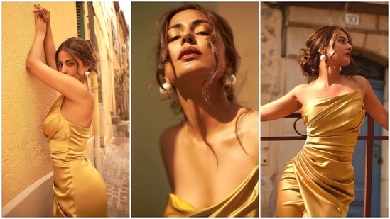 Hina Khan chose minimal accessories and shimmering glam to style the ensemble. (Instagram) Hina Khan chose minimal accessories and shimmering glam to style the ensemble. (Instagram)