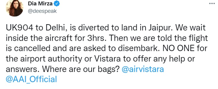 Dia Mirza complains to Vistara.