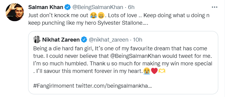 Salman Khan and Nikhat Zareen's Twitter exchange.