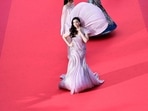 Aishwarya Rai wore a dress by Gaurav Gupta as she attended the screening of the film "Armageddon Time" during the 75th edition of the Cannes Film Festival in Cannes, southern France, on May 19, 2022. (Photo by Antonin THUILLIER / AFP)