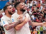 AC Milan's Olivier Giroud, right, celebrates with his teammates(AP) AC Milan's Olivier Giroud, right, celebrates with his teammates(AP)