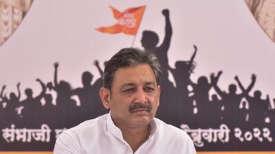 Mumbai, India - February 26, 2022: Rajya Sabha MP Chhatrapati Sambhajiraje Bhosale sits on a hunger strike demanding the long pending reservation to Maratha community, at Azad Maidan, in Mumbai, India, on Saturday, February 26, 2022. (Photo by Anshuman Poyrekar/Hindustan Times) (Anshuman Poyrekar/HT PHOTO) Mumbai, India - February 26, 2022: Rajya Sabha MP Chhatrapati Sambhajiraje Bhosale sits on a hunger strike demanding the long pending reservation to Maratha community, at Azad Maidan, in Mumbai, India, on Saturday, February 26, 2022. (Photo by Anshuman Poyrekar/Hindustan Times) (Anshuman Poyrekar/HT PHOTO)