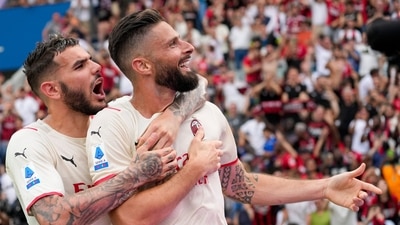 AC Milan's Olivier Giroud, right, celebrates with his teammates (AP) AC Milan's Olivier Giroud, right, celebrates with his teammates (AP)