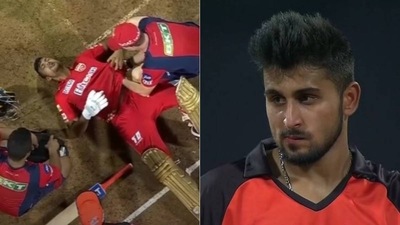 Mayank cops a nasty blow in the ribs by vicious bouncer from Umran Malik Mayank cops a nasty blow in the ribs by vicious bouncer from Umran Malik