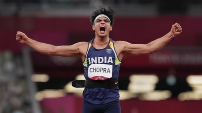 Neeraj Chopra reacts as he competes in the final of the men's javelin throw event at the 2020 Summer Olympics (PTI) Neeraj Chopra reacts as he competes in the final of the men's javelin throw event at the 2020 Summer Olympics (PTI)