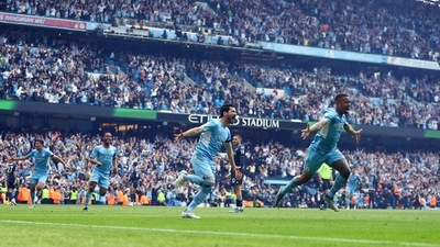 Manchester City's Ilkay Gundogan celebrates scoring their third goal with Gabriel Jesus (REUTERS)