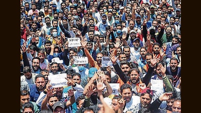 Employees of Rehbar-e-Janglat, Rehbar-e-Zirat, and Rehbar-e-Khel staged a protest in Srinagar. The government has decided to re-advertise the Rehbar-e-Janglat, Rehbar-e-Zirat, and Rehbar-e-Khel posts through the Service Selection Board. (PTI) Employees of Rehbar-e-Janglat, Rehbar-e-Zirat, and Rehbar-e-Khel staged a protest in Srinagar. The government has decided to re-advertise the Rehbar-e-Janglat, Rehbar-e-Zirat, and Rehbar-e-Khel posts through the Service Selection Board. (PTI)