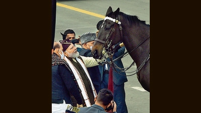 PM especially lauded ‘Virat’, the horse part of the President’s Bodyguard regiment which retired from its 19-year-long service after the 73rd Republic Day parade earlier this year (Hindustan Times) PM especially lauded ‘Virat’, the horse part of the President’s Bodyguard regiment which retired from its 19-year-long service after the 73rd Republic Day parade earlier this year (Hindustan Times)