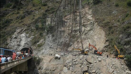 An under-construction tunnel collapsed in Jammu and Kashmir’s Ramban district on Thursday night, killing 10 labourers. (PTI) An under-construction tunnel collapsed in Jammu and Kashmir’s Ramban district on Thursday night, killing 10 labourers. (PTI)