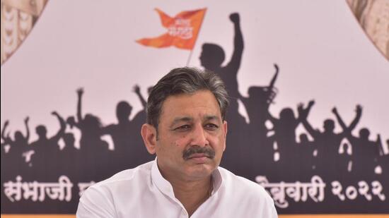 Mumbai, India - February 26, 2022: Rajya Sabha MP Chhatrapati Sambhajiraje Bhosale sits on a hunger strike demanding the long pending reservation to Maratha community, at Azad Maidan, in Mumbai, India, on Saturday, February 26, 2022. (Photo by Anshuman Poyrekar/Hindustan Times) (Anshuman Poyrekar/HT PHOTO)