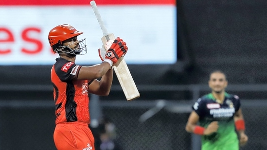 Rahul Tripathi of Sunrisers Hyderabad reacts after being dismissed against Royal Challengers Bangalore (IPL)