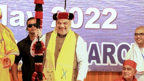 Union Home Minister Amit Shah during the Golden Jubilee Celebrations of Ramakrishna Mission, at Narottam Nagar, in Tirap district, Saturday, (PTI)