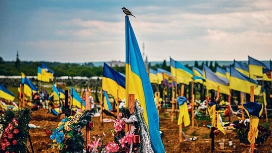 Ukrainian flags in the military section of the Kharkiv cemetery number 18 in Bezlioudivka. AFP