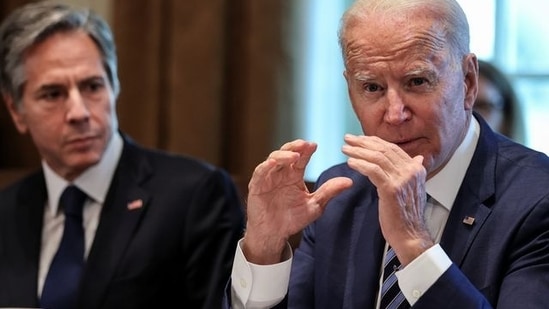 FILE PHOTO: U.S. President Joe Biden speaks as U.S. Secretary of State Antony Blinken listens during a Cabinet meeting at the White House in Washington, U.S.(REUTERS)