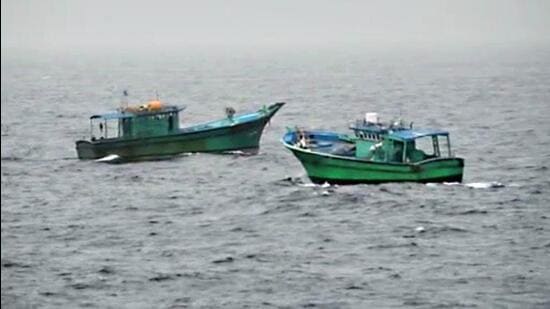 The Indian Coast Guard and Directorate of Revenue Intelligence apprehended drugs worth over <span class='webrupee'>₹</span>1,526 crore from two fishing boats named ‘Prince’ and ‘Little Jesus’ off the coast of Lakshadweep islands in the Arabian Sea on Friday. (ANI PHOTO.) The Indian Coast Guard and Directorate of Revenue Intelligence apprehended drugs worth over <span class='webrupee'>₹</span>1,526 crore from two fishing boats named ‘Prince’ and ‘Little Jesus’ off the coast of Lakshadweep islands in the Arabian Sea on Friday. (ANI PHOTO.)