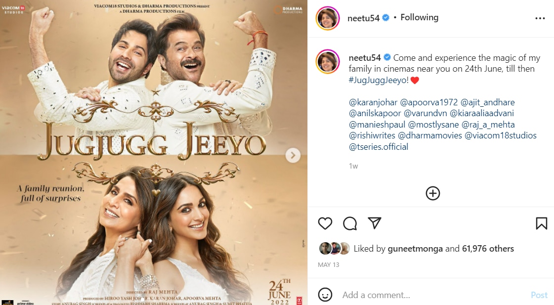Neetu Singh shared a Jug Jug Jeeyo poster on May 13.