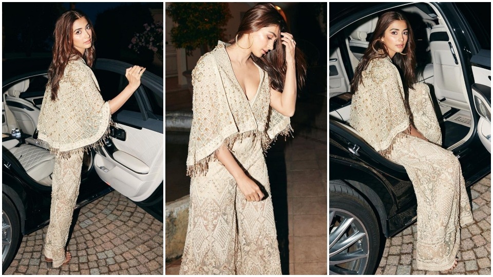 Pooja Hegde stuns in a Tarun Tahiliani cape jacket and flared pants set in Cannes. (Instagram) Pooja Hegde stuns in a Tarun Tahiliani cape jacket and flared pants set in Cannes. (Instagram)