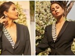Hina Khan glams up the French Riviera at Cannes Film Festival in shirtless black powersuit(Instagram)