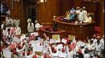 Samajwadi party MLAs shout slogans during the speech of Governor Anandiben Patel on the first day of the Uttar Pradesh Budget Session in the State Assembly in Lucknow, on Monday. (Deepak Gupta/ HT Photo) Samajwadi party MLAs shout slogans during the speech of Governor Anandiben Patel on the first day of the Uttar Pradesh Budget Session in the State Assembly in Lucknow, on Monday. (Deepak Gupta/ HT Photo)